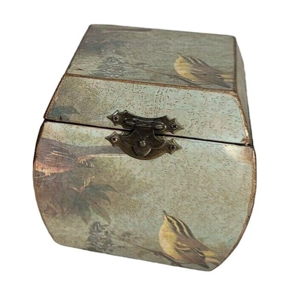 Unknown Other - Vintage Wood Trinket Box Song Bird Print Distressed Dresser Keepsake Hinged Lid